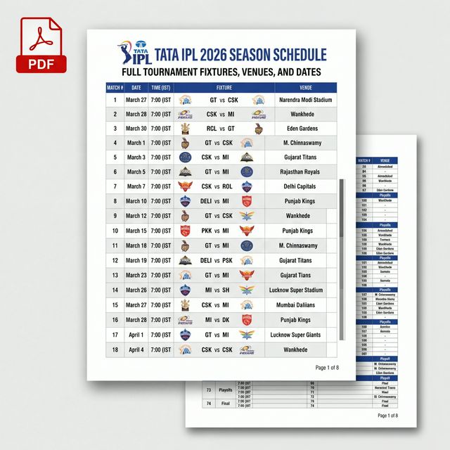 IPL 2026 Full Schedule, Time Table, Fixtures & PDF Download